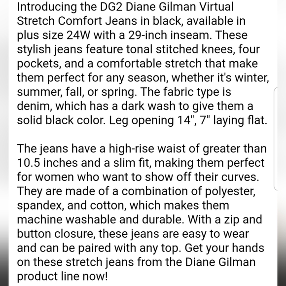 Diane Gilman Virtual Stretch Comfort Black Jean's NWT Sz 24WT - Picture 9 of 11